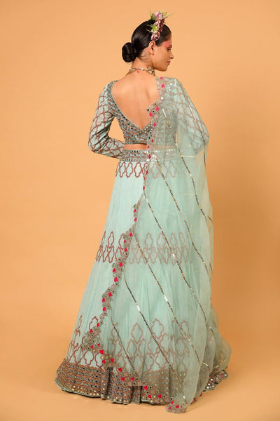 Sky Blue Tulle Mirror Embroidered Lehenga Set