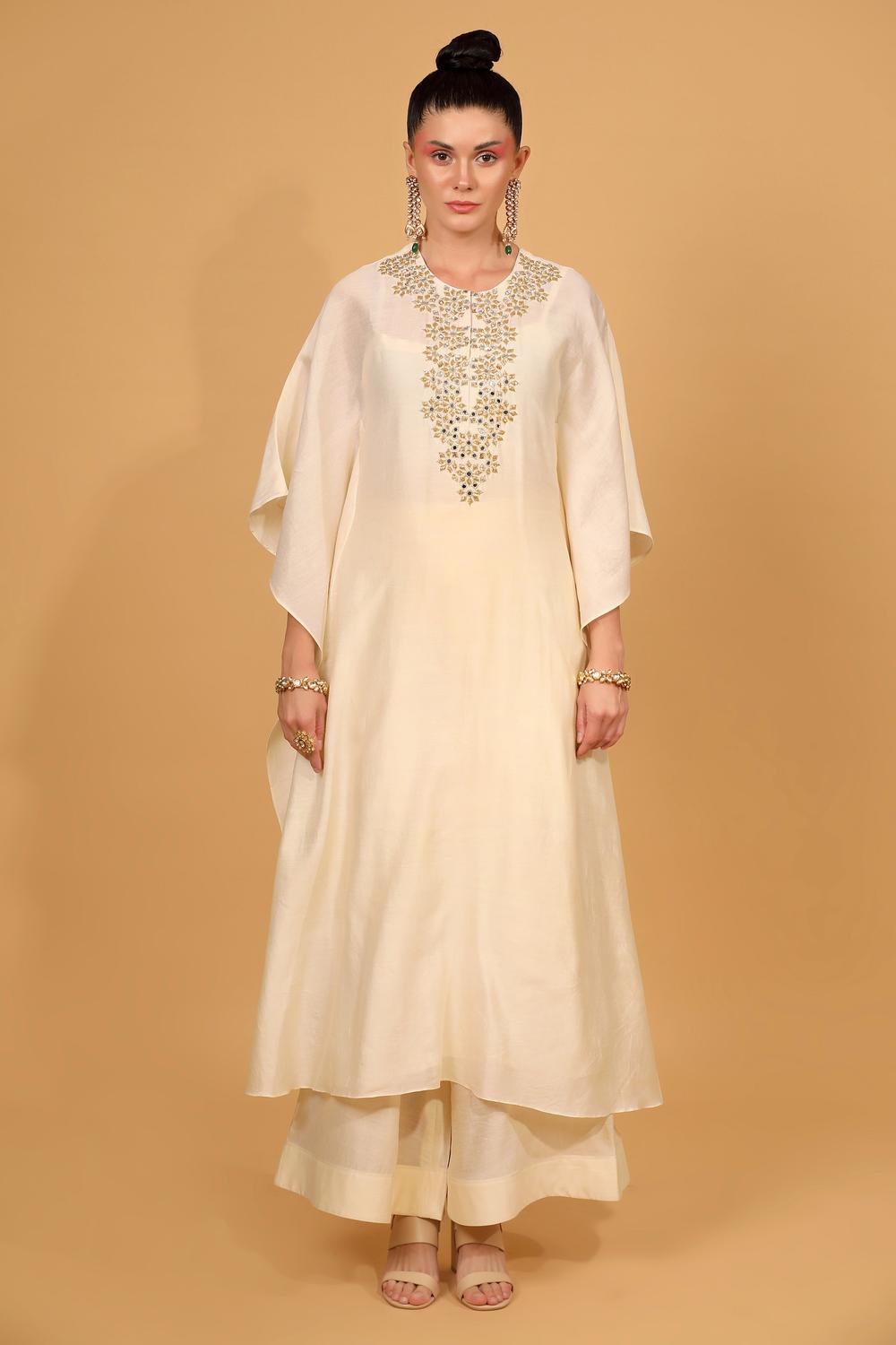 White Chanderi Silk Kaftan Kurta And Palazzo Set