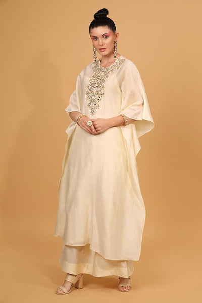 White Chanderi Silk Kaftan Kurta And Palazzo Set