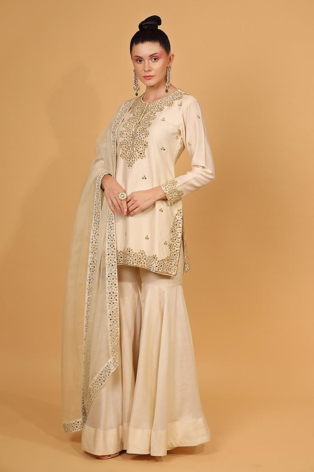 White Chanderi Silk Kurta Gharara Set