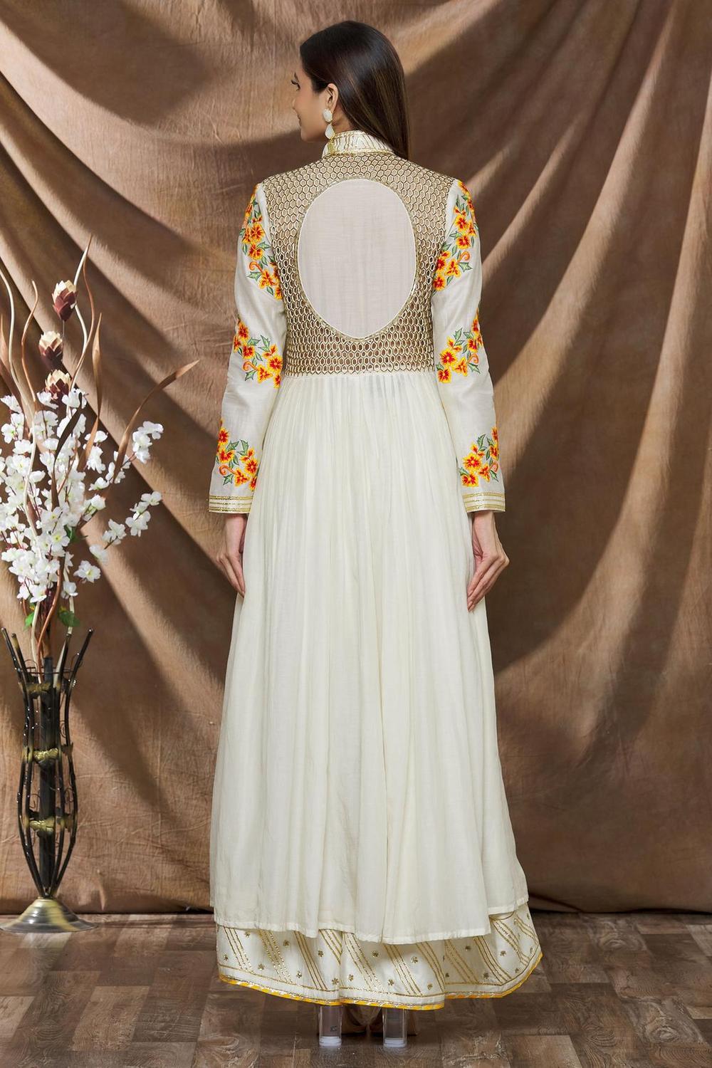 White Cotton Silk Embroidered Anarkali And Palazzo Set