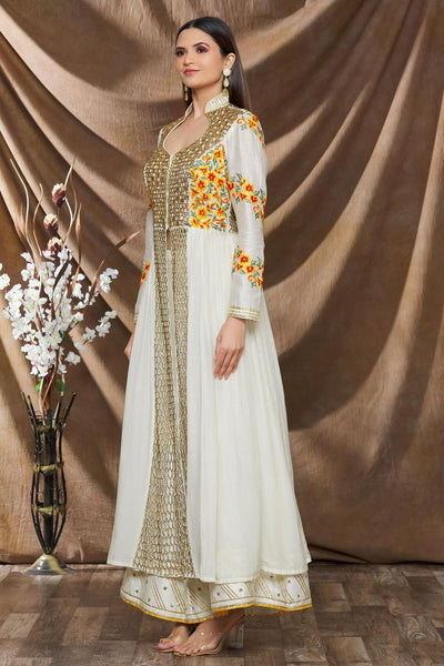 White Cotton Silk Embroidered Anarkali And Palazzo Set