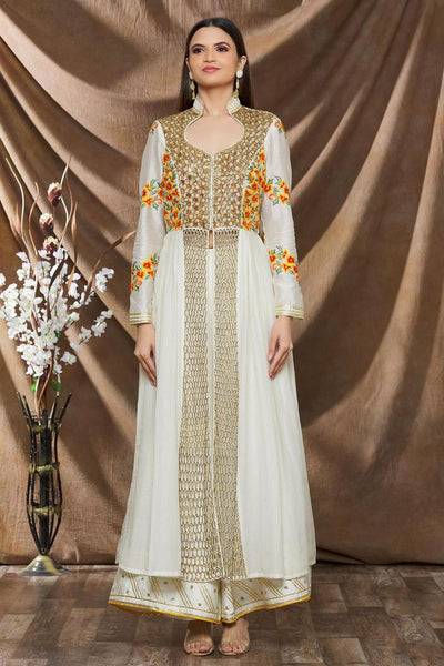 White Cotton Silk Embroidered Anarkali And Palazzo Set