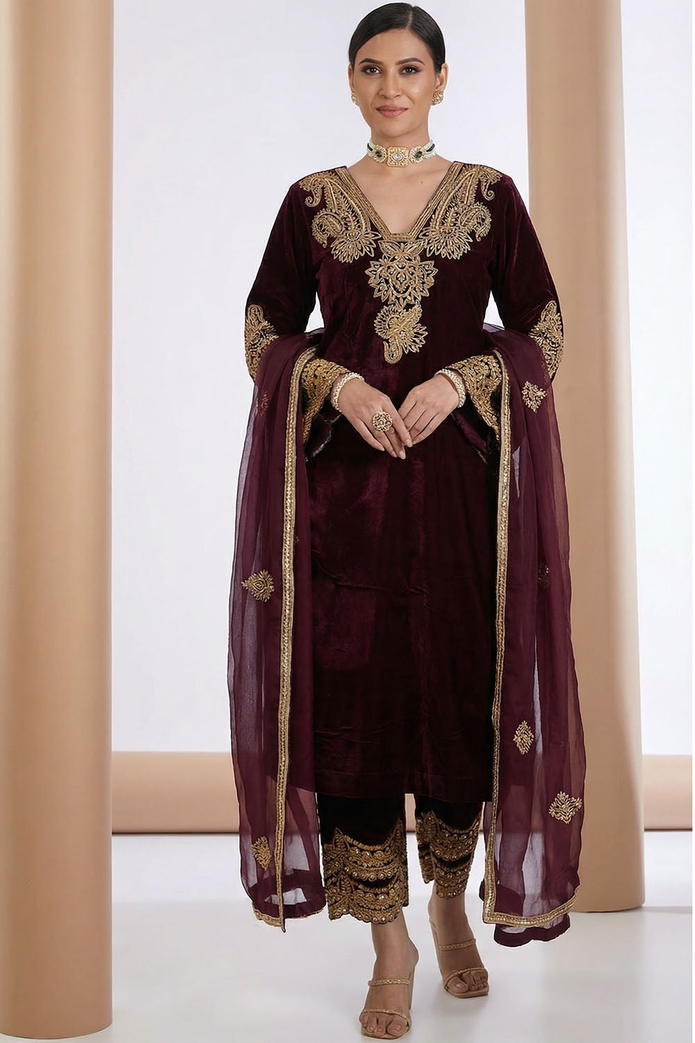 Wine Embroidered Kurta Set with Organza Dupatta
