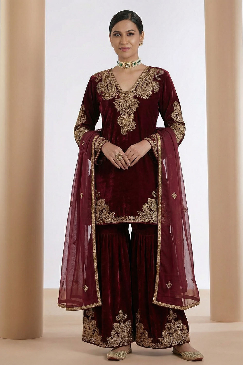 Wine Embroidered Sharara Set with Organza Dupatta