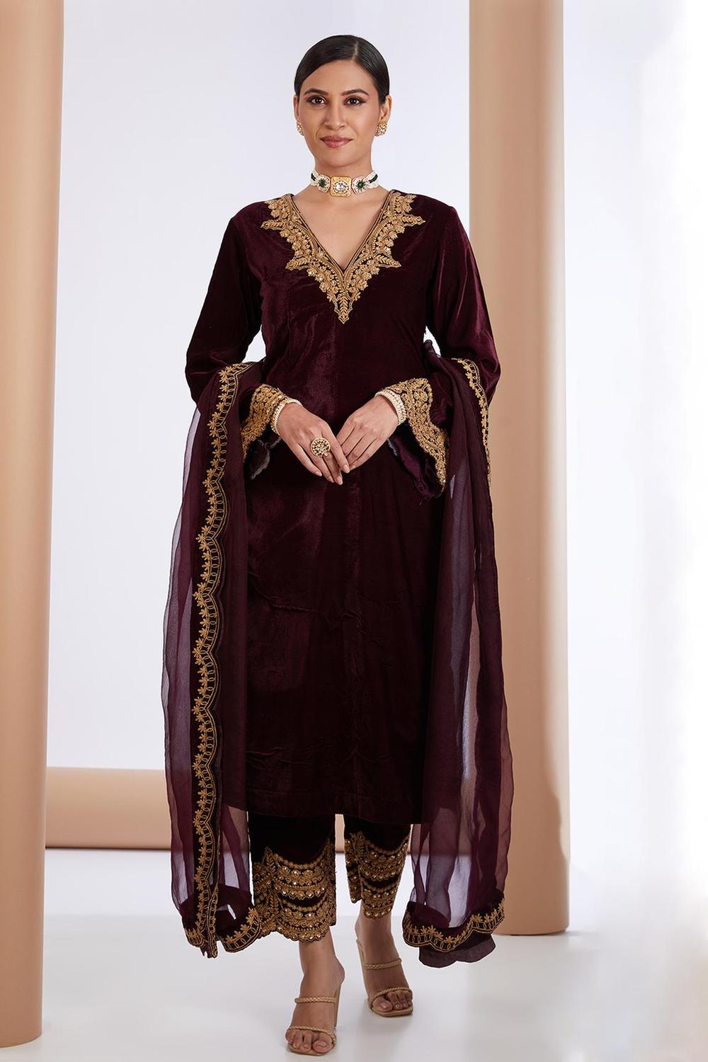 Wine Velvet Embroidered Kurta Pant Set