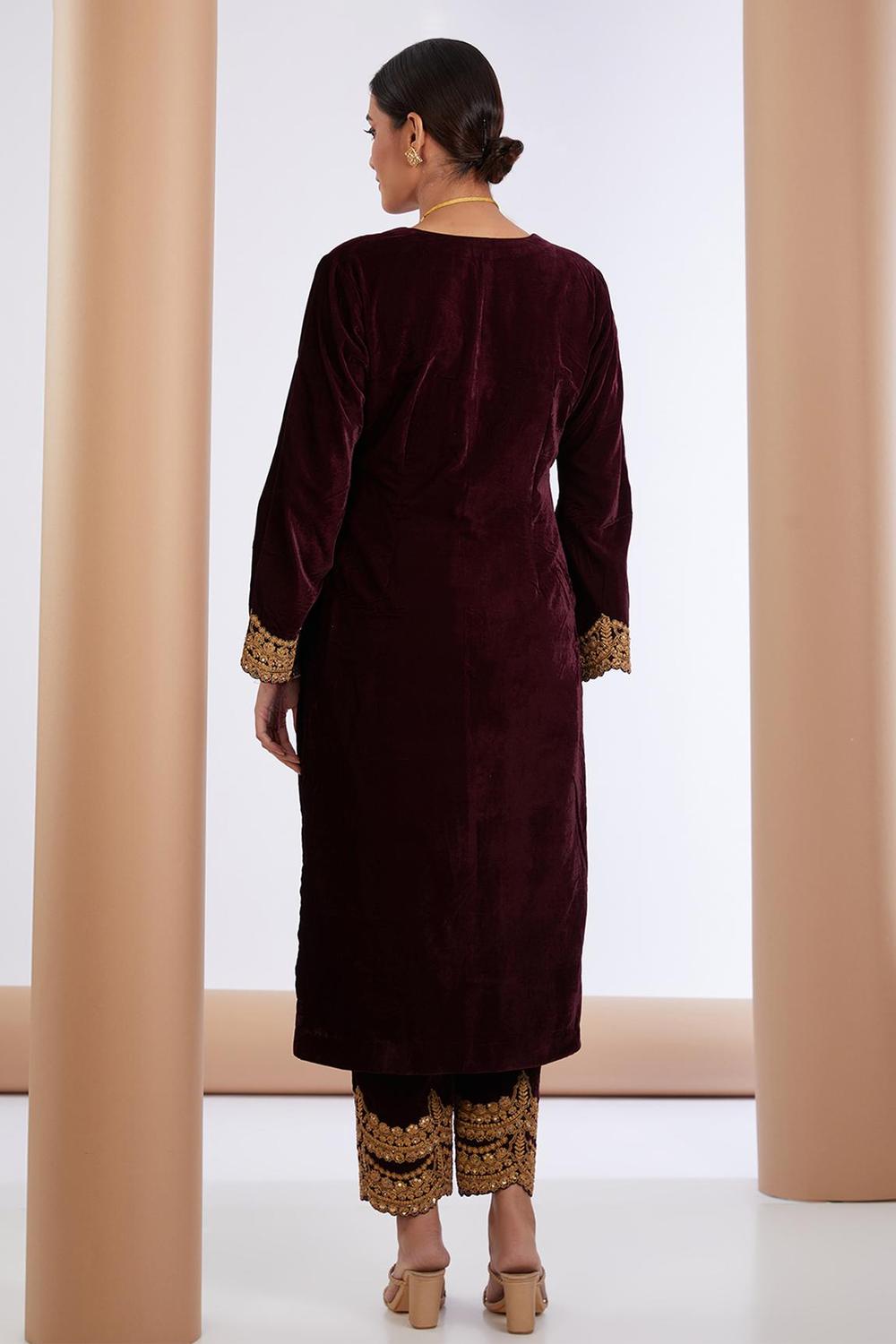 Wine Velvet Embroidered Kurta Pant Set