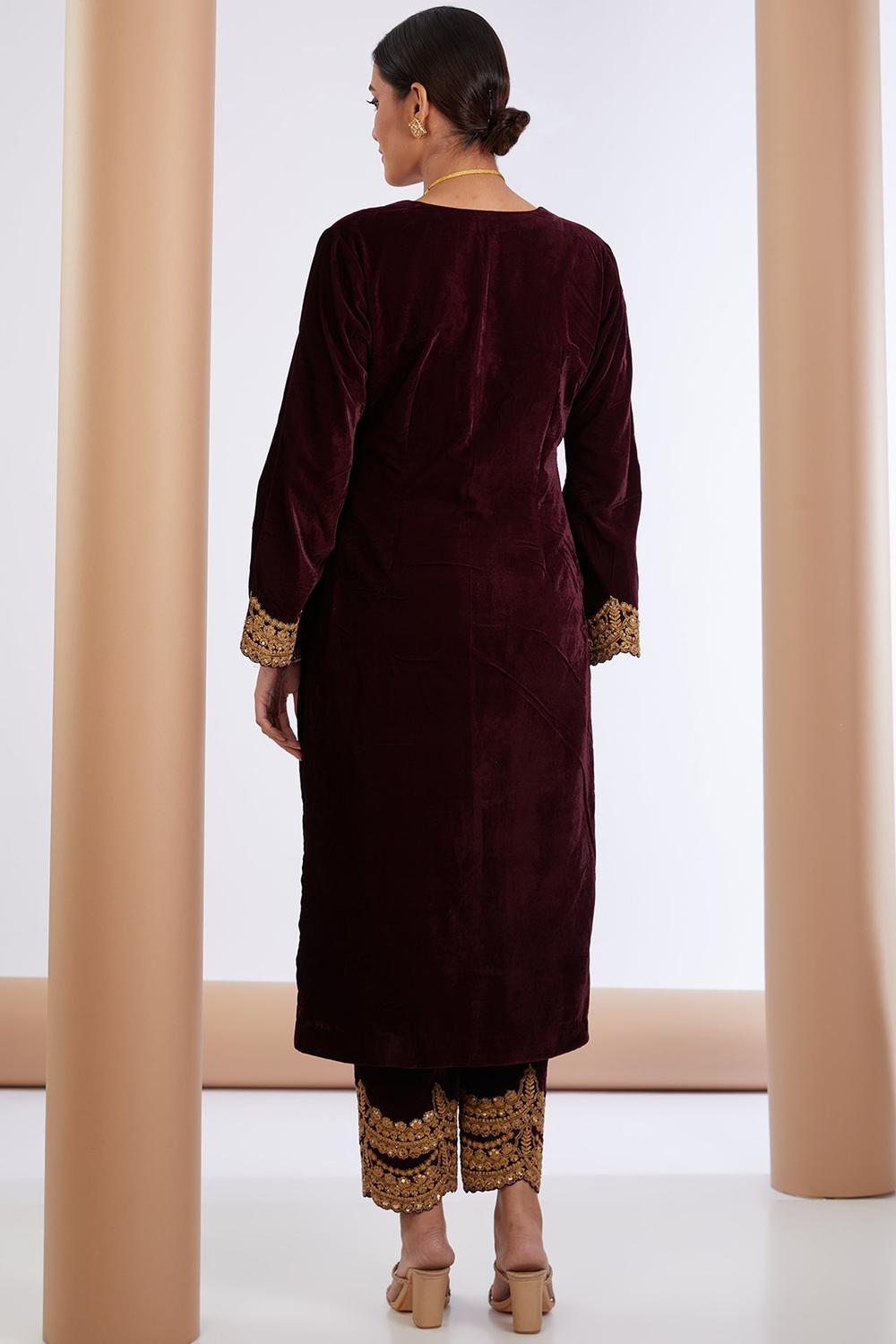 Wine Velvet Embroidered Kurta Pant Set