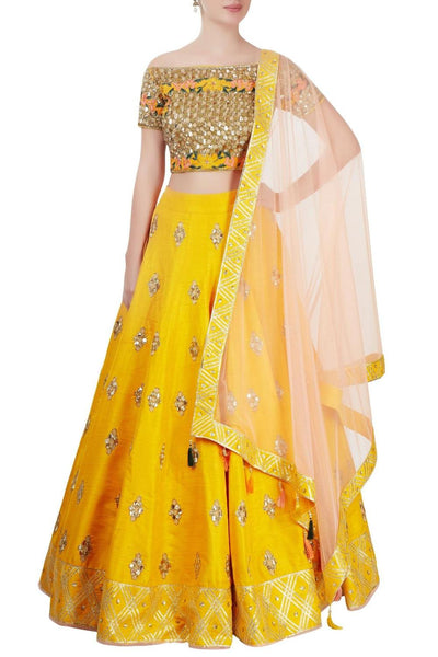 Yellow And Pink Embroidered Lehenga Set