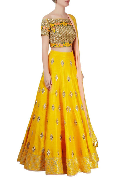 Yellow And Pink Embroidered Lehenga Set