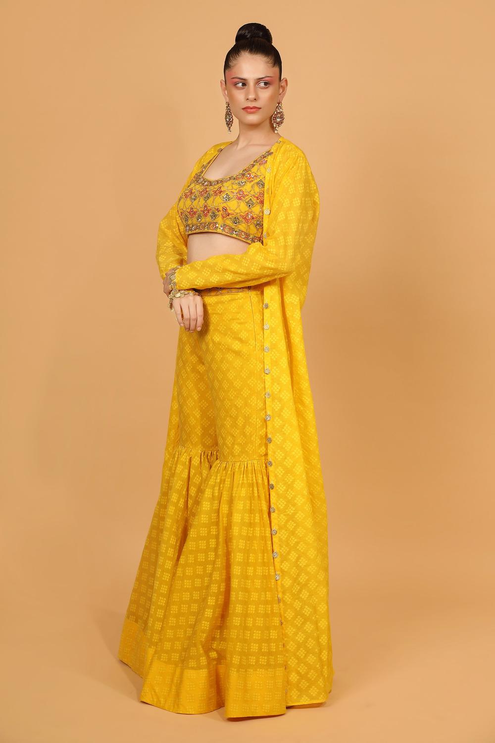 Yellow Banarasi Chanderi Gharara Set With Cape