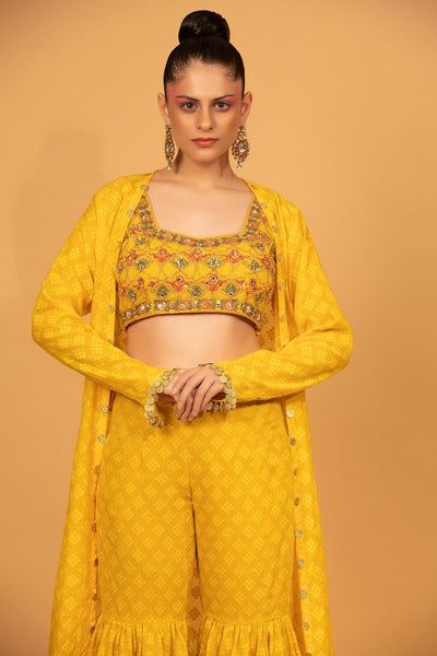 Yellow Banarasi Chanderi Gharara Set With Cape