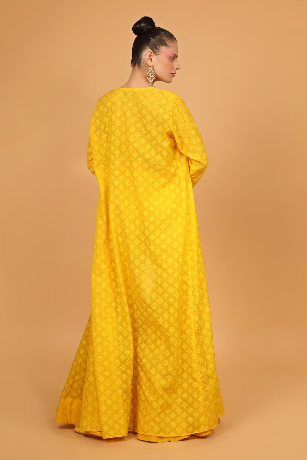 Yellow Banarasi Chanderi Gharara Set With Cape