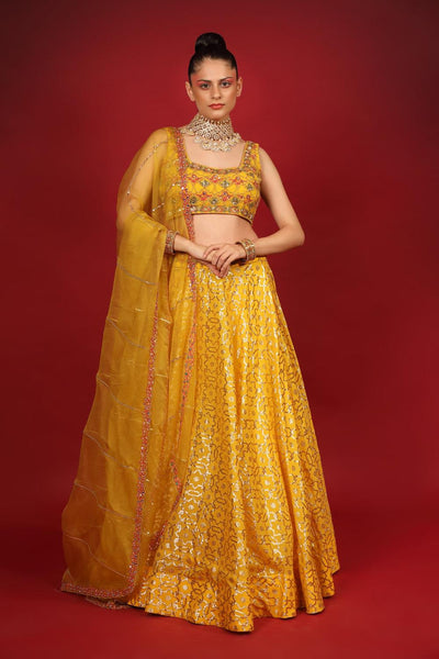 Yellow Banarasi Chanderi Lehenga Set