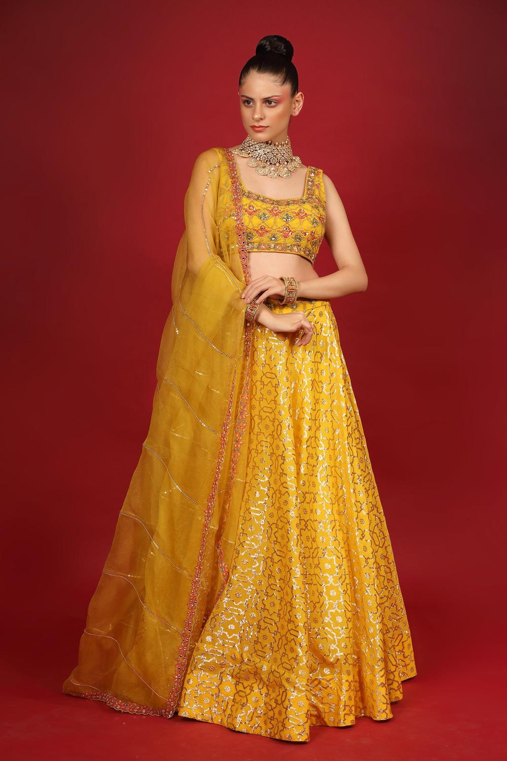 Yellow Banarasi Chanderi Lehenga Set