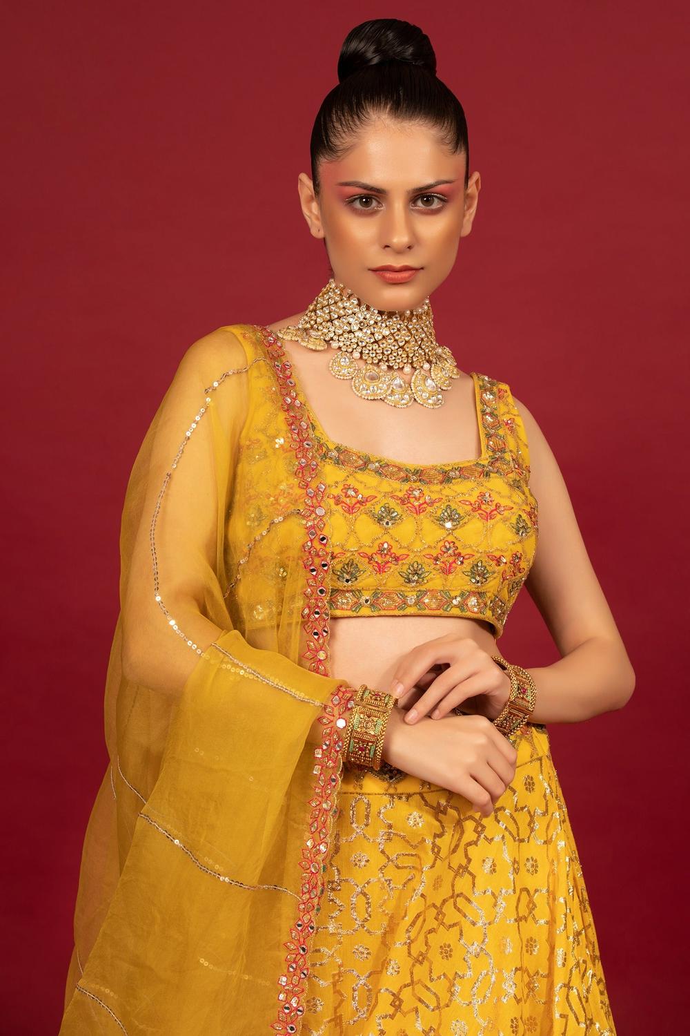 Yellow Banarasi Chanderi Lehenga Set