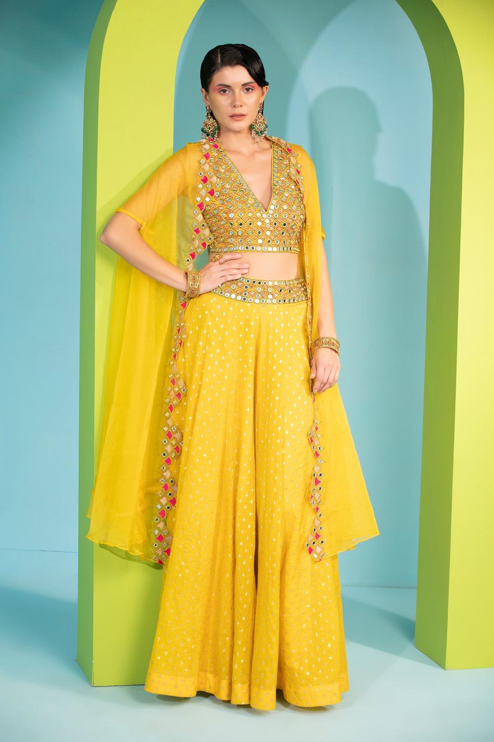 Yellow Banarasi Chanderi Sharara Set With Cape