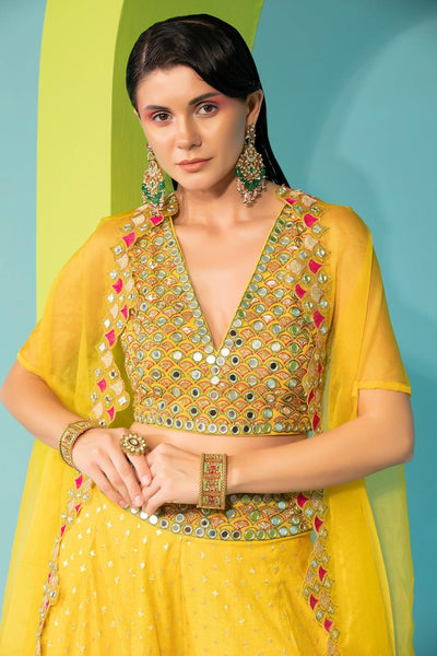 Yellow Banarasi Chanderi Sharara Set With Cape