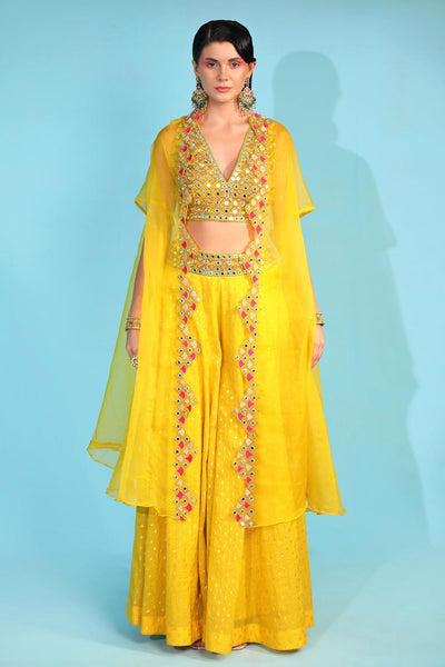 Yellow Banarasi Chanderi Sharara Set With Cape