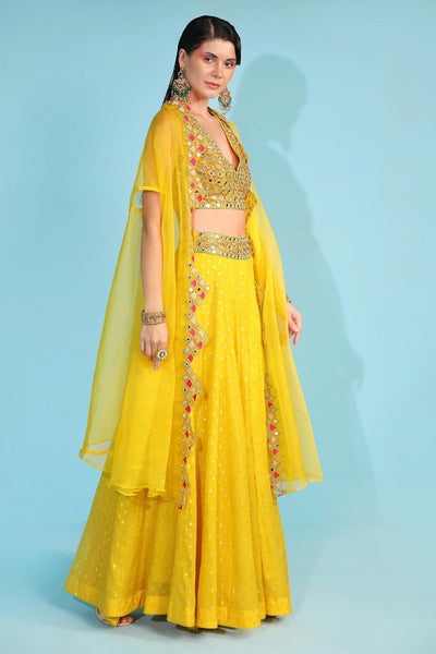 Yellow Banarasi Chanderi Sharara Set With Cape