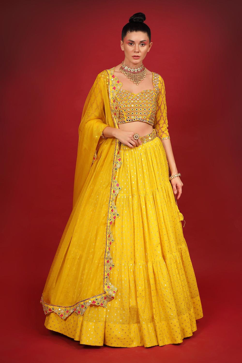 Yellow Banarasi Chanderi Tiered Lehenga Set