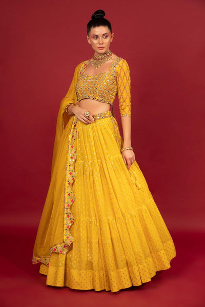 Yellow Banarasi Chanderi Tiered Lehenga Set