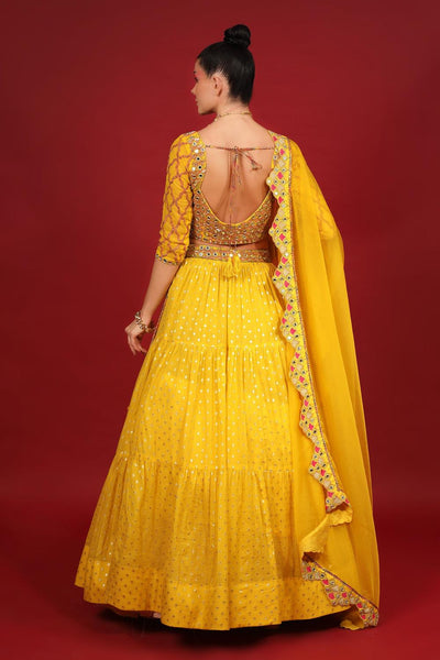 Yellow Banarasi Chanderi Tiered Lehenga Set