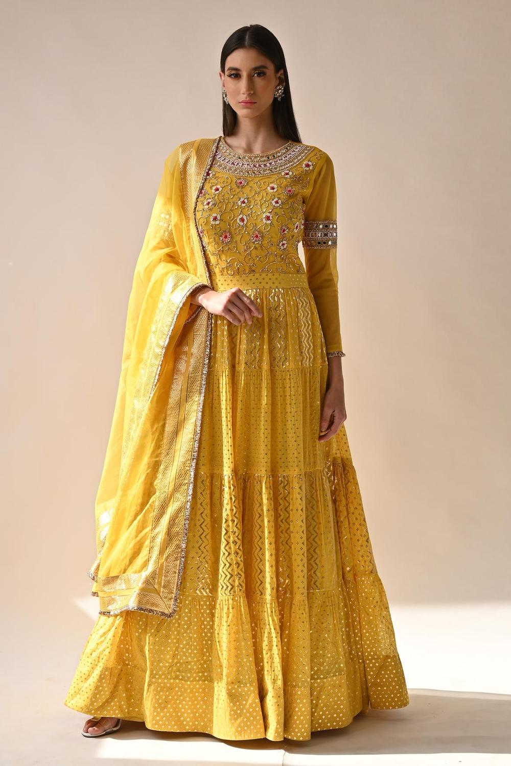 Yellow Chanderi Silk Anarkali With Dupatta