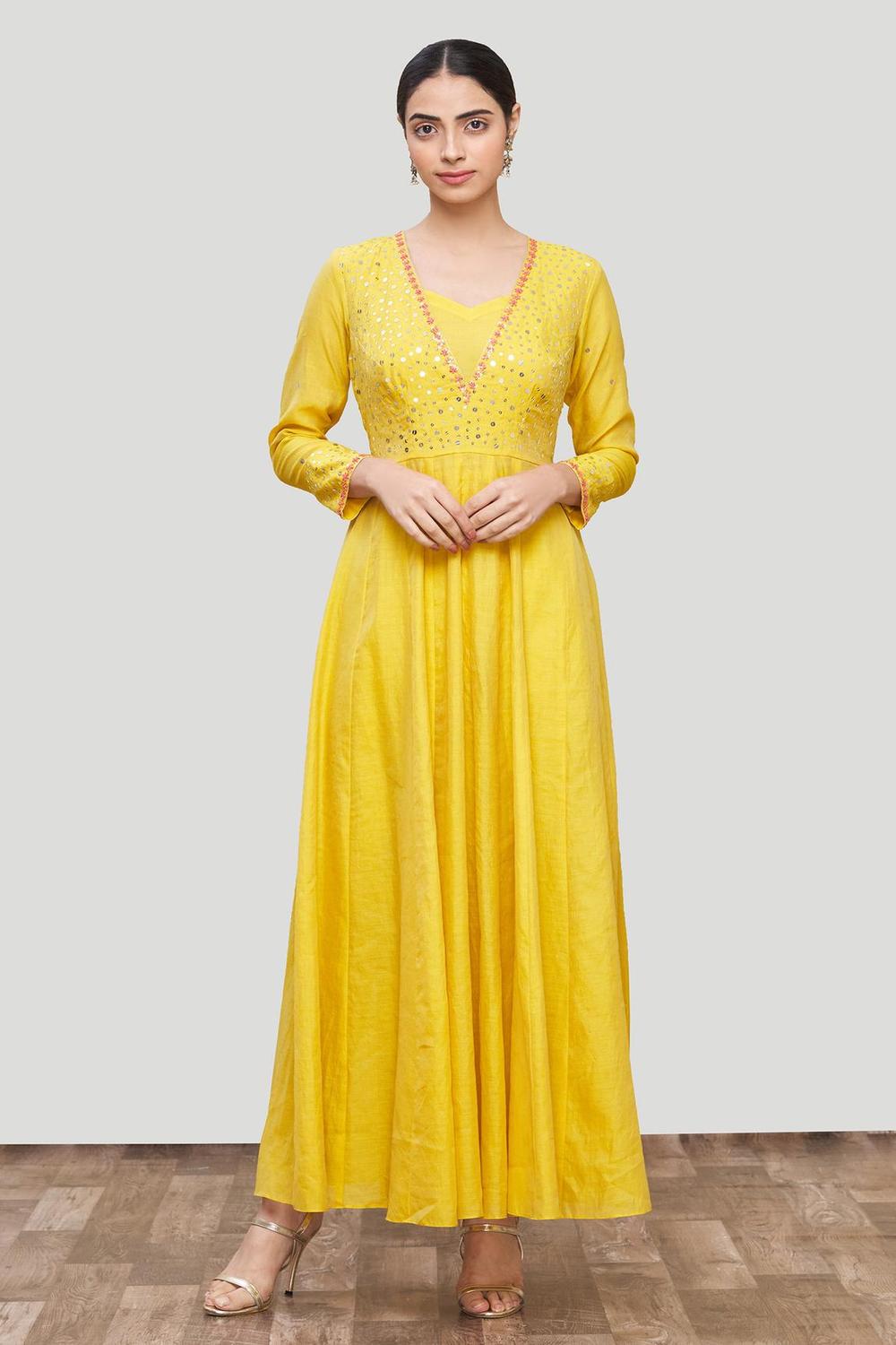 Yellow Chanderi Silk Embroidered Anarkali And Pant Set