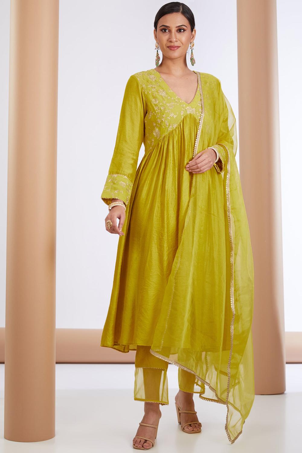 Yellow Chanderi Silk Floral Embroidered Anarkali Pant Set