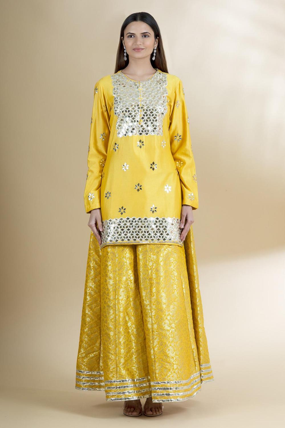 Yellow Chanderi Silk Kurta Gharara Set