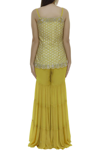 Yellow Chiffon Chanderi Silk Kurta Sharara Set