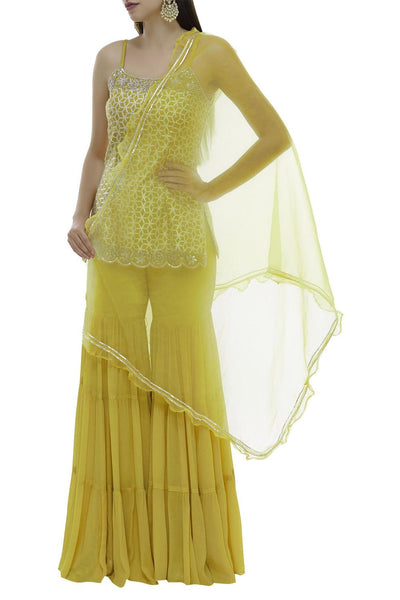 Yellow Chiffon Chanderi Silk Kurta Sharara Set