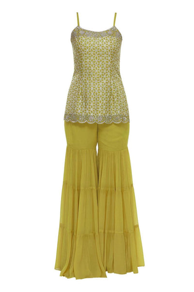 Yellow Chiffon Chanderi Silk Kurta Sharara Set