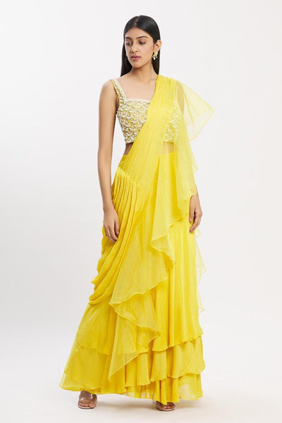 Yellow Chiffon Organza Ruffle Pre-draped Saree