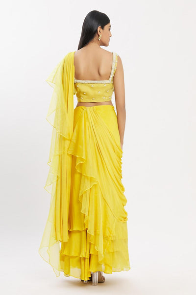 Yellow Chiffon Organza Ruffle Pre-draped Saree