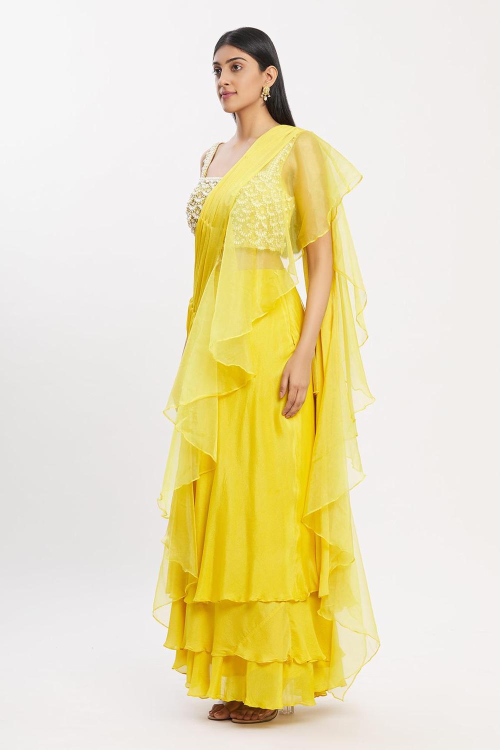 Yellow Chiffon Organza Ruffle Pre-draped Saree