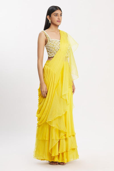 Yellow Chiffon Organza Ruffle Pre-draped Saree