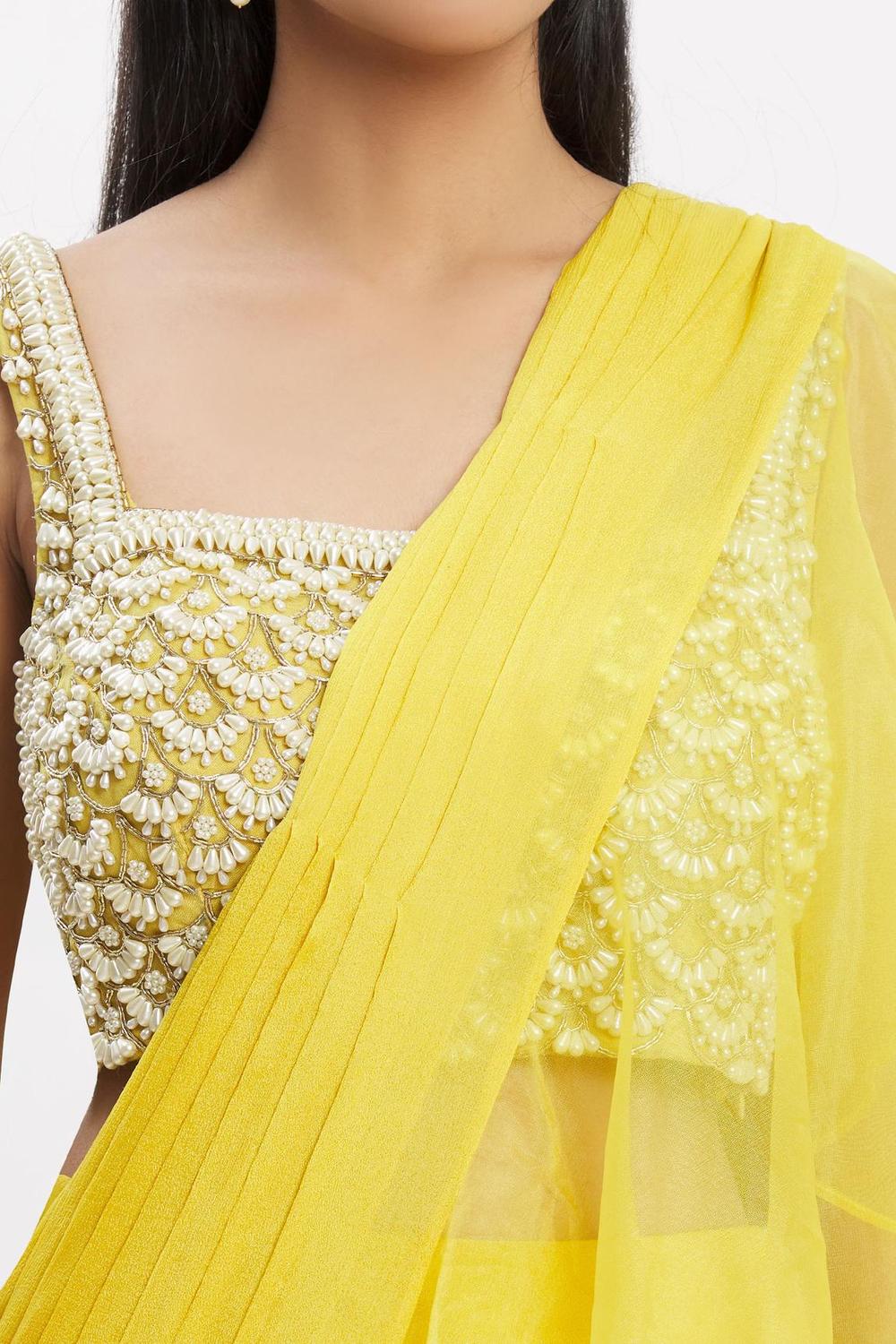 Yellow Chiffon Organza Ruffle Pre-draped Saree