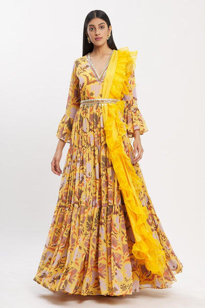 Yellow Chiffon Printed Anarkali With Dupatta