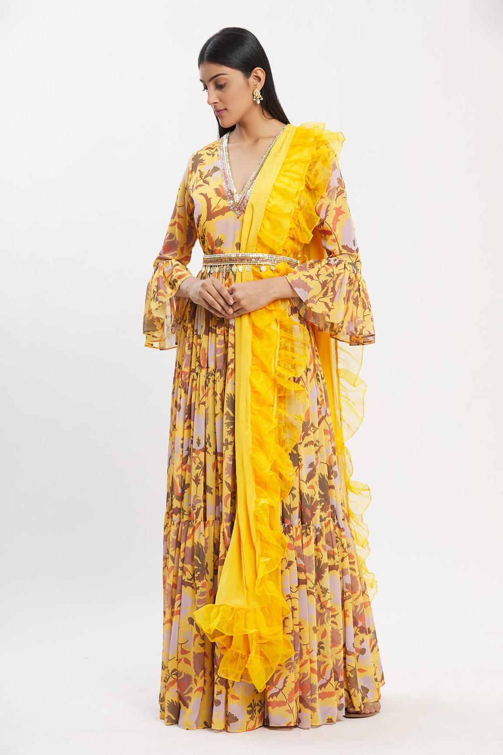 Yellow Chiffon Printed Anarkali With Dupatta