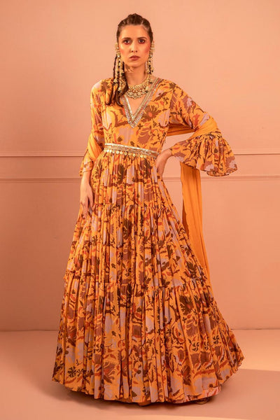 Yellow Chiffon Printed Anarkali With Dupatta