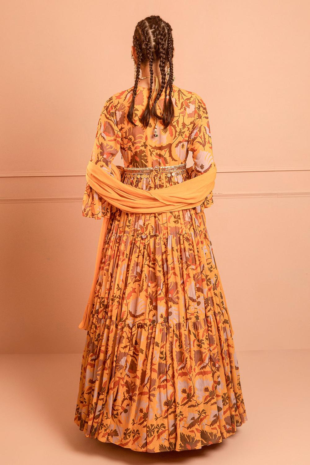 Yellow Chiffon Printed Anarkali With Dupatta