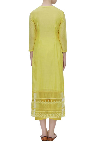 Yellow Cotton Silk Embroidered Kurta Set