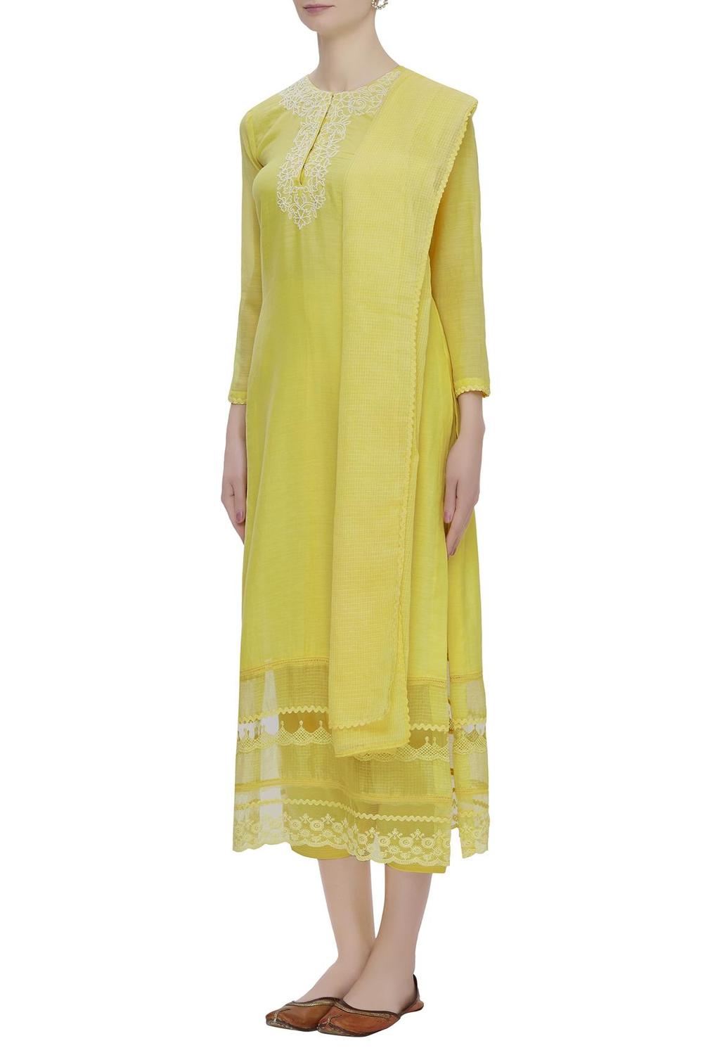 Yellow Cotton Silk Embroidered Kurta Set