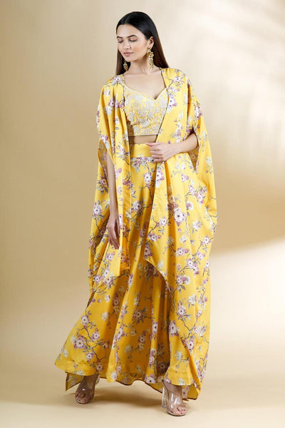 Yellow Crepe Printed Lehenga Set With Cape