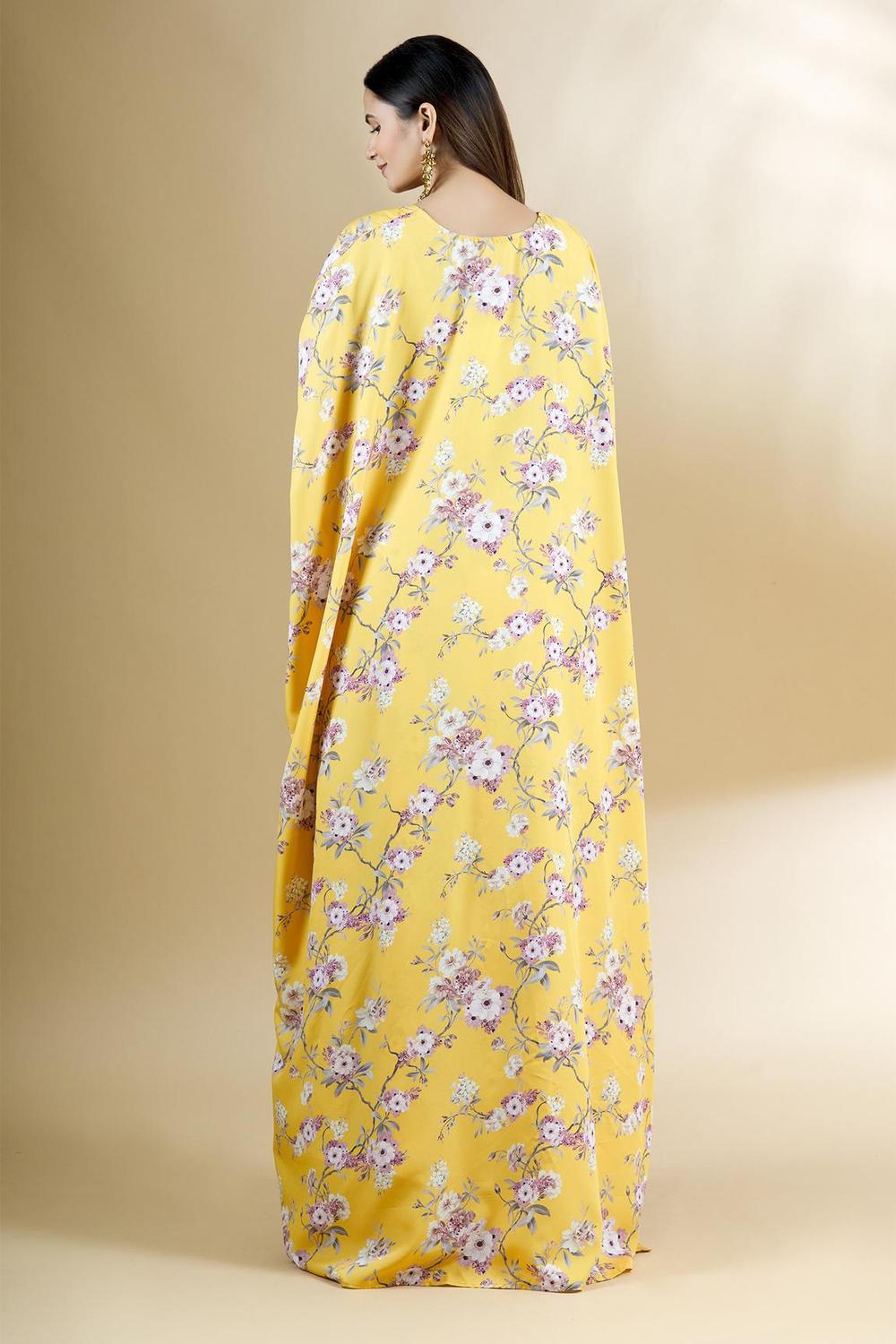 Yellow Crepe Printed Lehenga Set With Cape