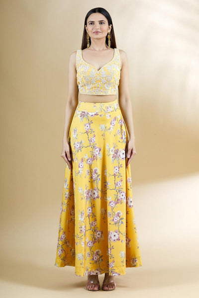 Yellow Crepe Printed Lehenga Set With Cape