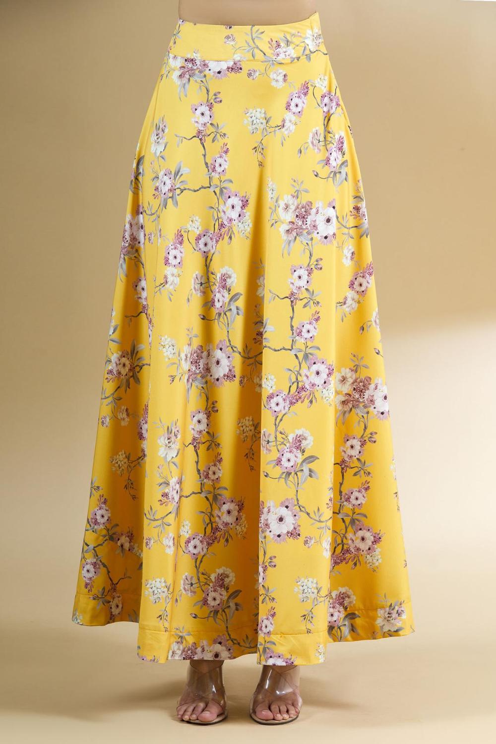 Yellow Crepe Printed Lehenga Set With Cape