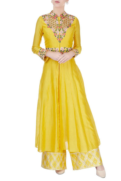 Yellow Embroidered Kurta Jacket And Pants